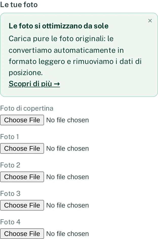 Sezione foto del pannello, con copertina e galleria da modificare